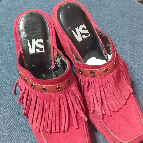 VICTORIA SECRET SENELA 9 red LEATHER Sexy 70s Vibe MULE FRINGE WEDGE SHOE - Picture 3 of 11